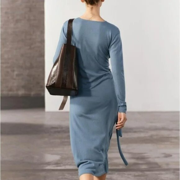 ZARA Wool Blend Wrap Midi Dress Blue Women's Small NWT - Picture 3 of 12